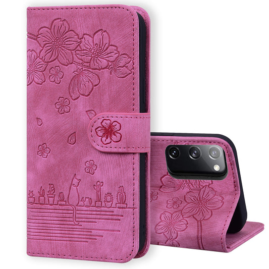 Cat Cherry Blossoms Galaxy S20 Grils Case Retro Leather Embossing Wallet Stand