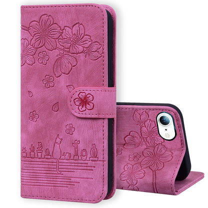 Cat Cherry Blossoms iPhone 7 Grils Case Retro Leather Embossing Wallet Stand