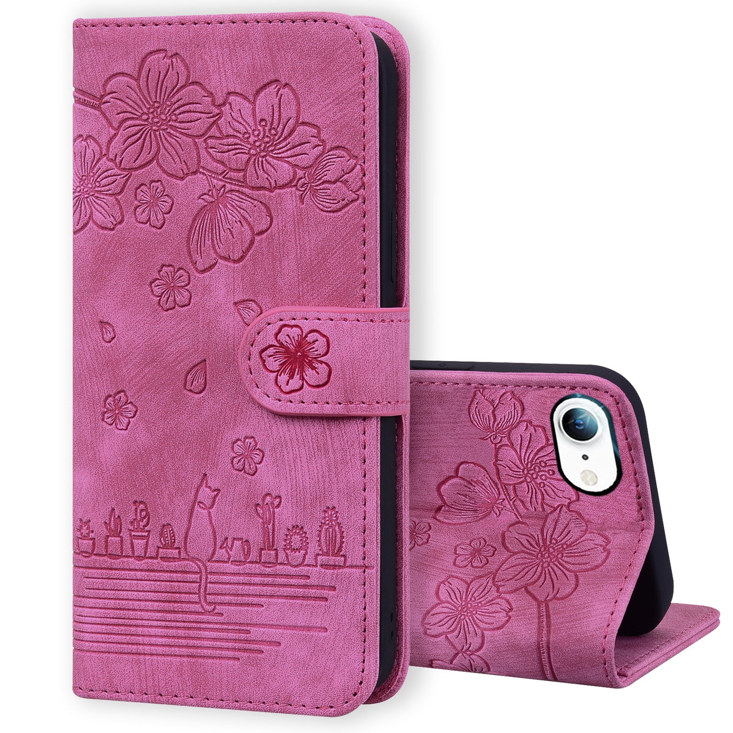 Cat Cherry Blossoms iPhone 8 Grils Case Retro Leather Embossing Wallet Stand