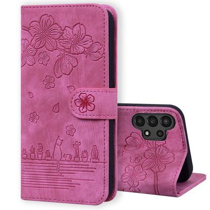 Cat Cherry Blossoms Galaxy A04 Grils Case Retro Leather Embossing Wallet Stand