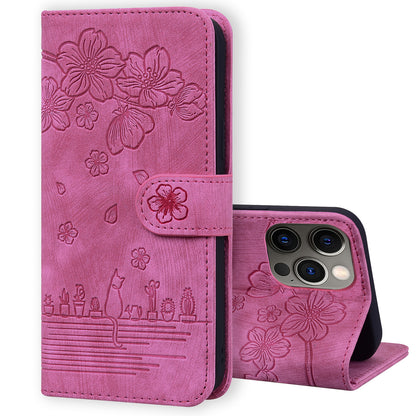 Cat Cherry Blossoms iPhone 15 Pro Grils Case Retro Leather Embossing Wallet Stand