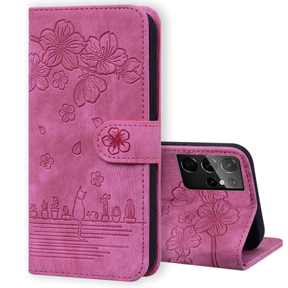 Cat Cherry Blossoms Galaxy S21 Ultra Grils Case Retro Leather Embossing Wallet Stand