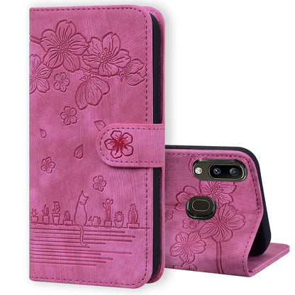 Cat Cherry Blossoms Galaxy A30 Grils Case Retro Leather Embossing Wallet Stand