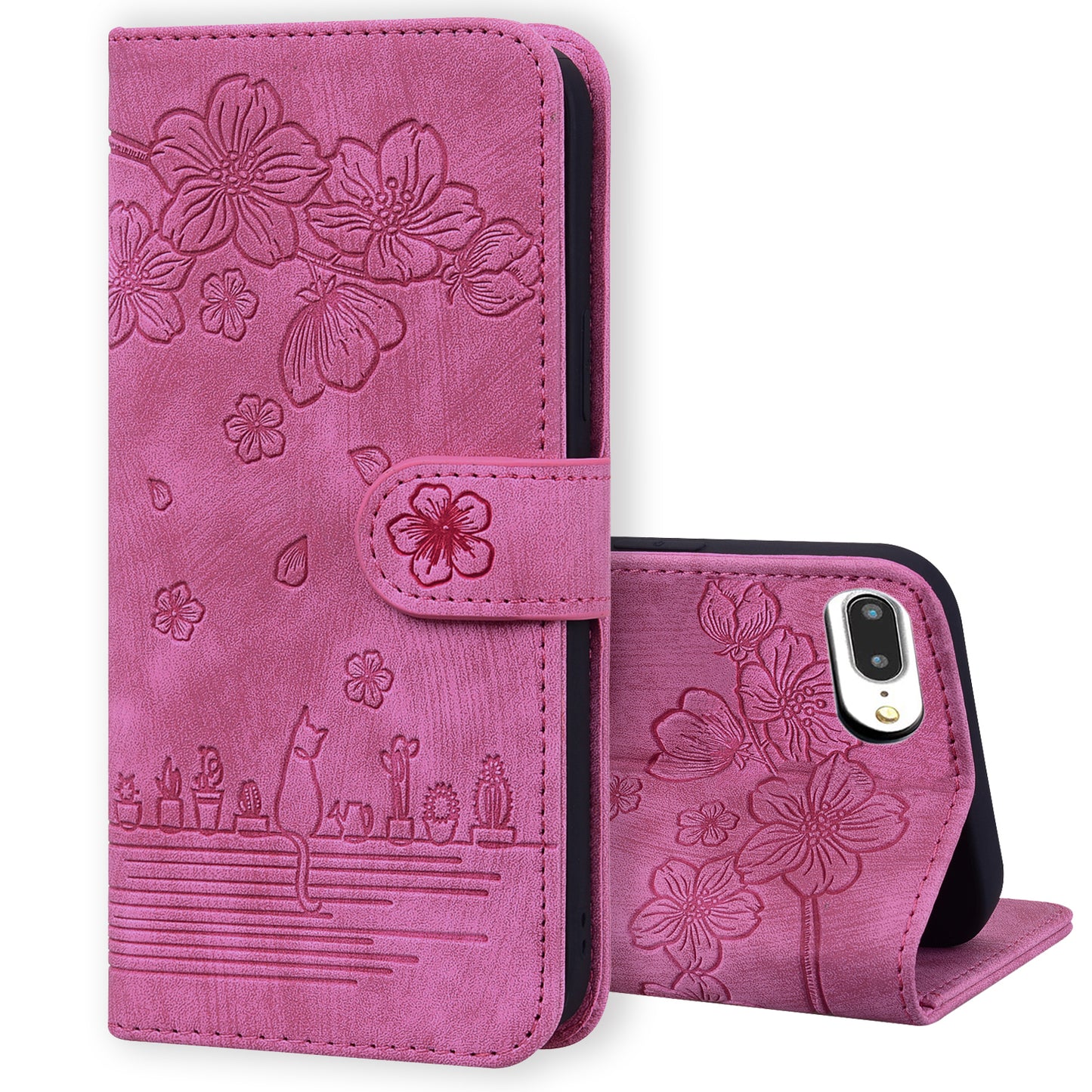 Cat Cherry Blossoms iPhone 8 Plus Grils Case Retro Leather Embossing Wallet Stand