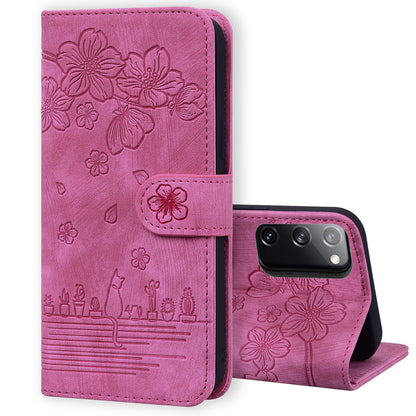 Cat Cherry Blossoms Galaxy S20 FE Grils Case Retro Leather Embossing Wallet Stand