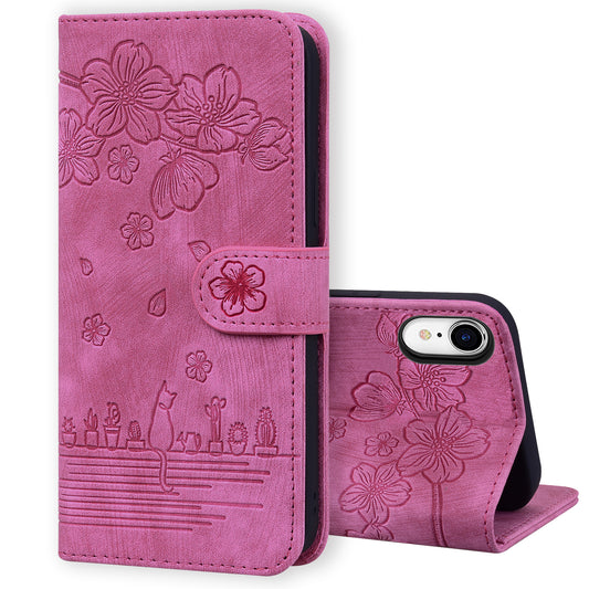 Cat Cherry Blossoms iPhone XR Grils Case Retro Leather Embossing Wallet Stand