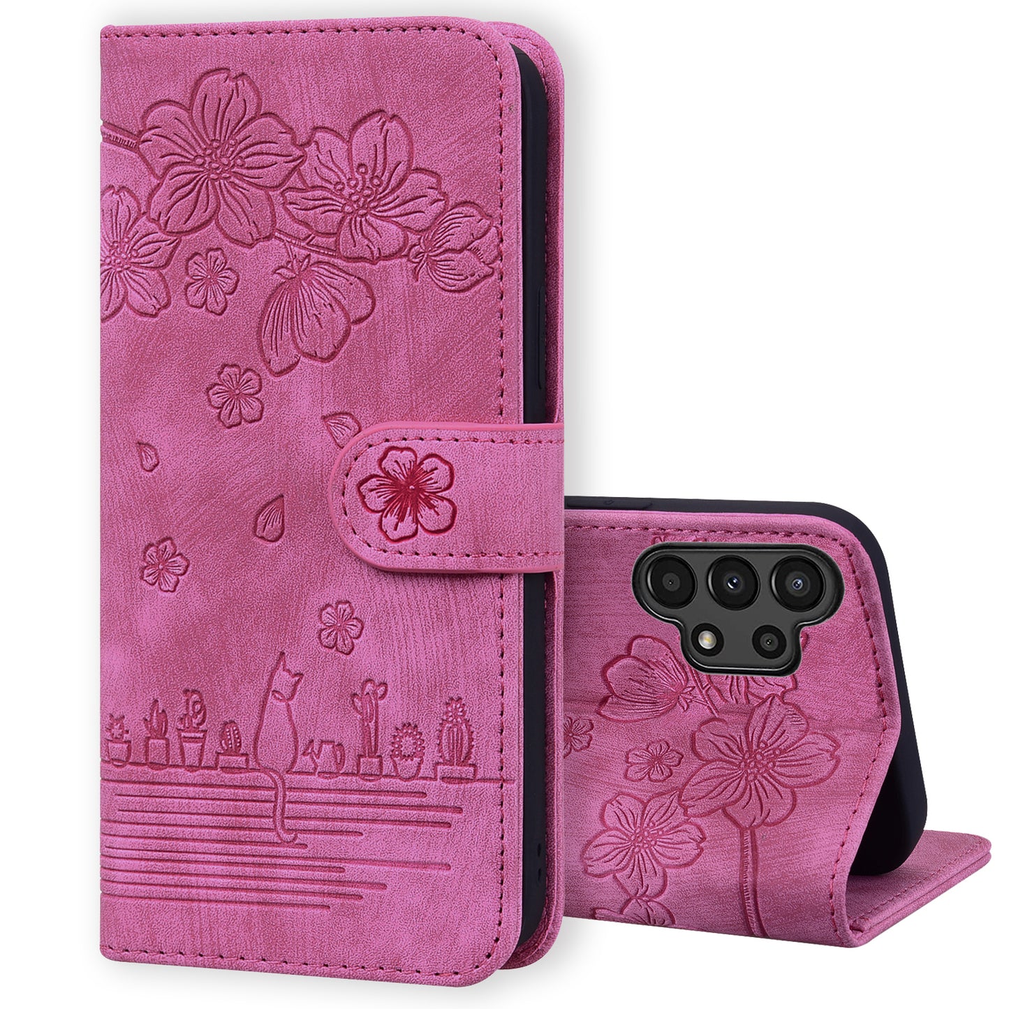 Cat Cherry Blossoms Galaxy A04e Grils Case Retro Leather Embossing Wallet Stand