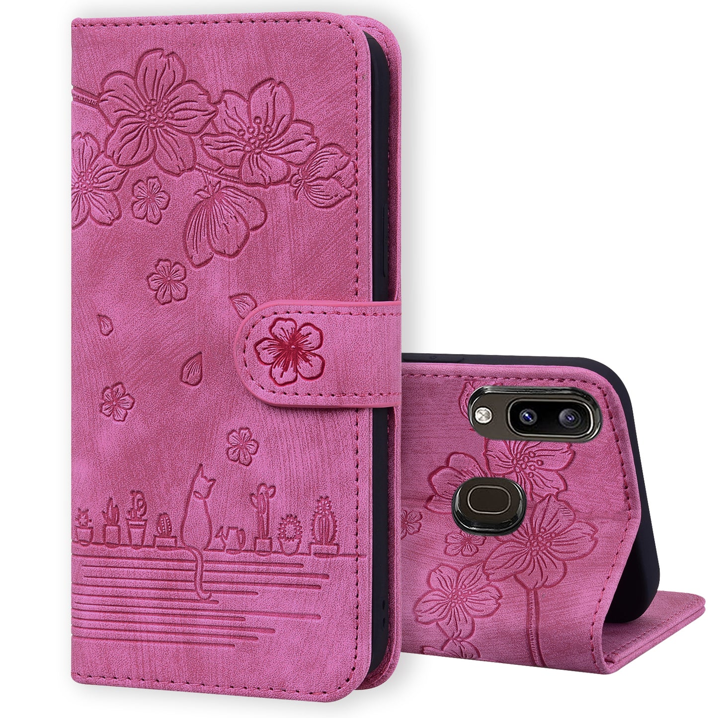 Cat Cherry Blossoms Galaxy A20 Grils Case Retro Leather Embossing Wallet Stand