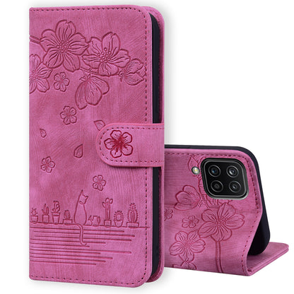 Cat Cherry Blossoms Galaxy A03s Grils Case Retro Leather Embossing Wallet Stand