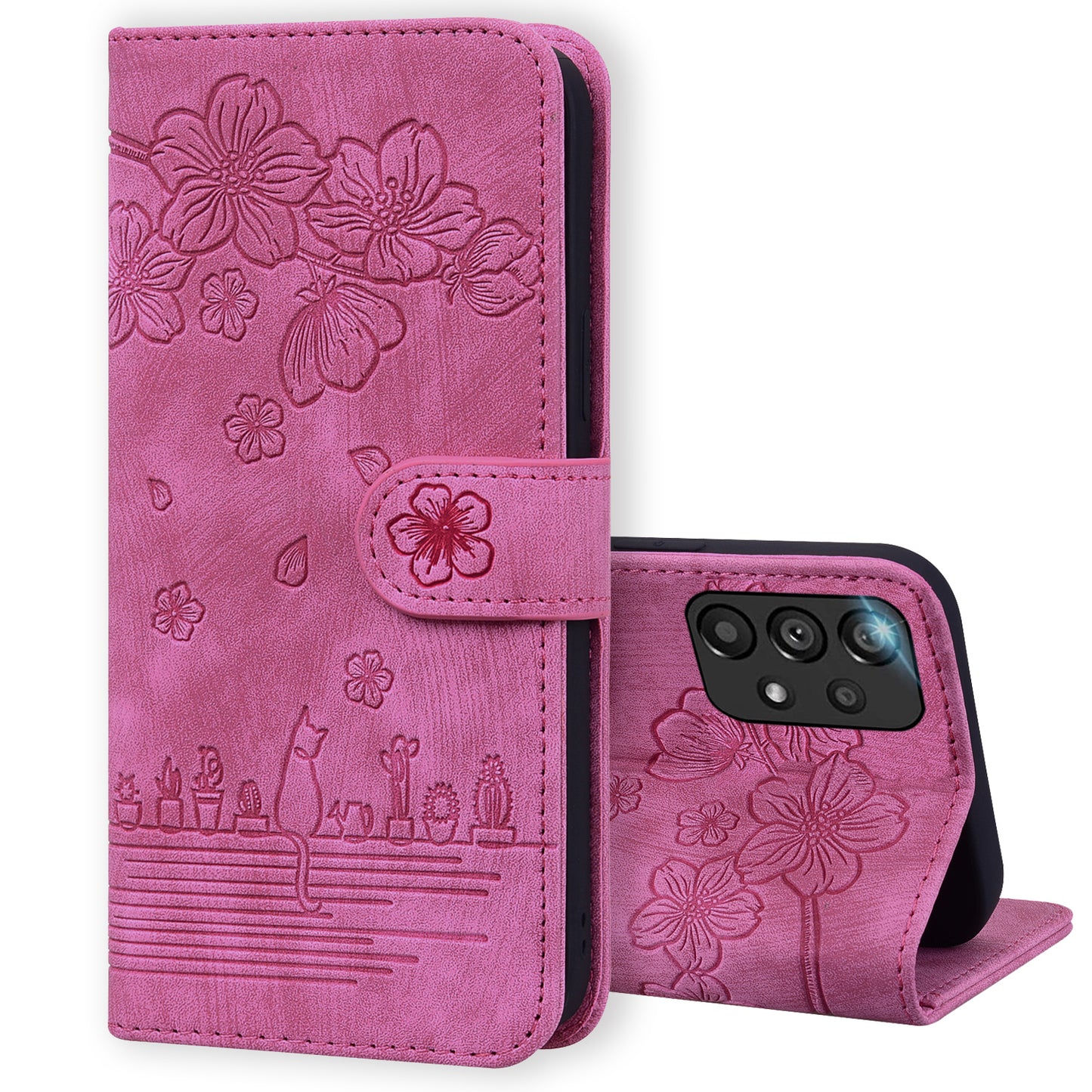 Cat Cherry Blossoms Galaxy A23 Grils Case Retro Leather Embossing Wallet Stand