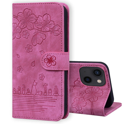 Cat Cherry Blossoms iPhone 13 Mini Grils Case Retro Leather Embossing Wallet Stand