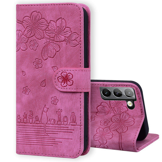 Cat Cherry Blossoms Galaxy S22+ Grils Case Retro Leather Embossing Wallet Stand