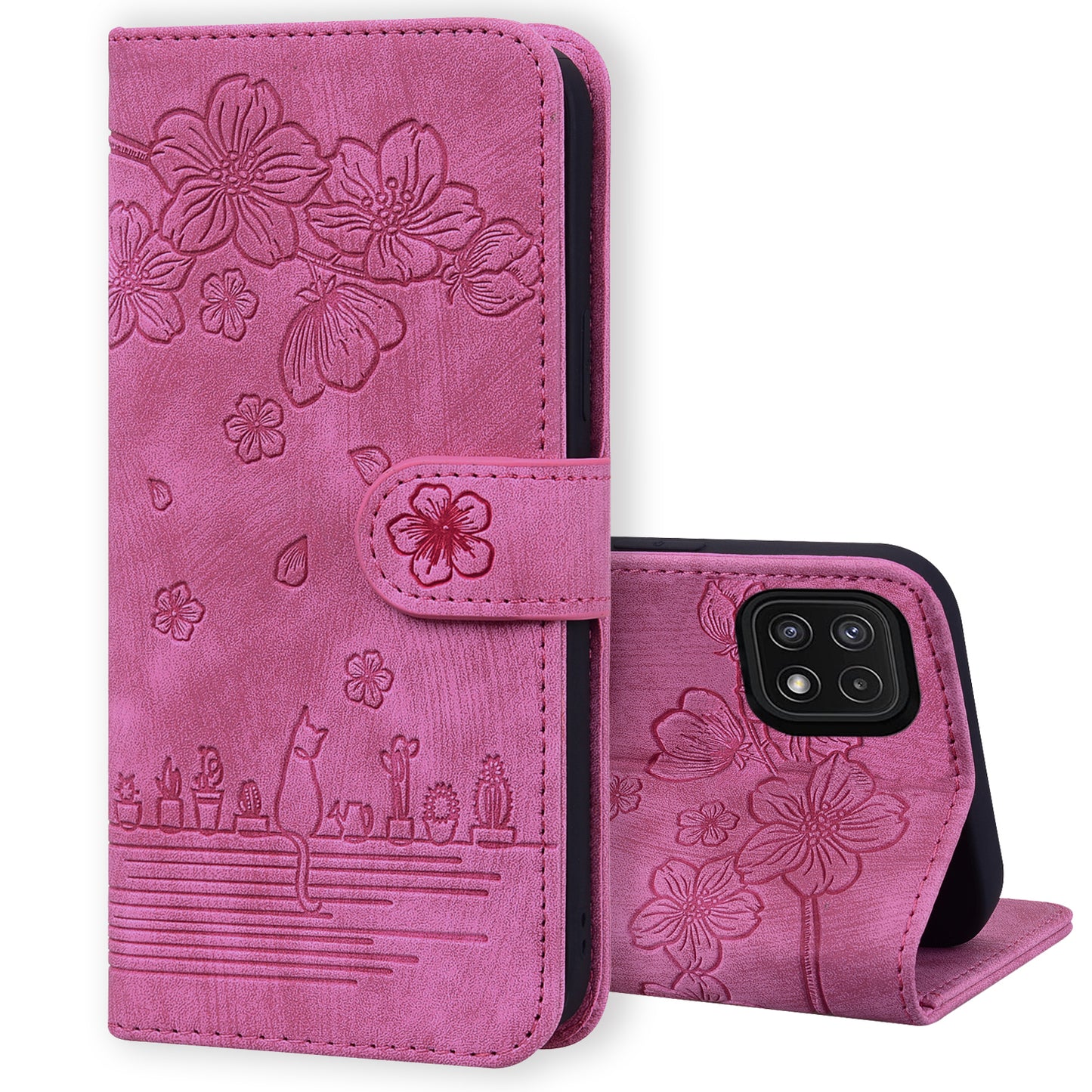 Cat Cherry Blossoms Galaxy A22s Grils Case Retro Leather Embossing Wallet Stand