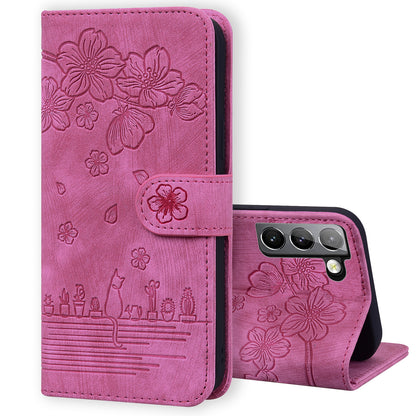 Cat Cherry Blossoms Galaxy S22 Grils Case Retro Leather Embossing Wallet Stand