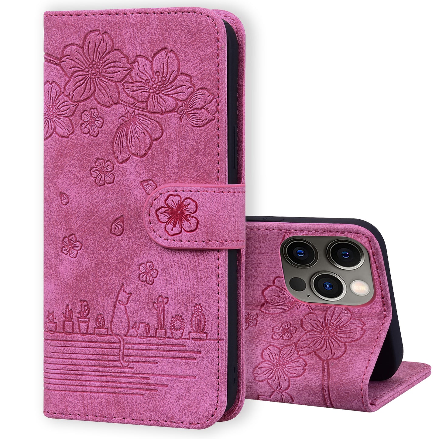 Cat Cherry Blossoms iPhone 14 Pro Grils Case Retro Leather Embossing Wallet Stand