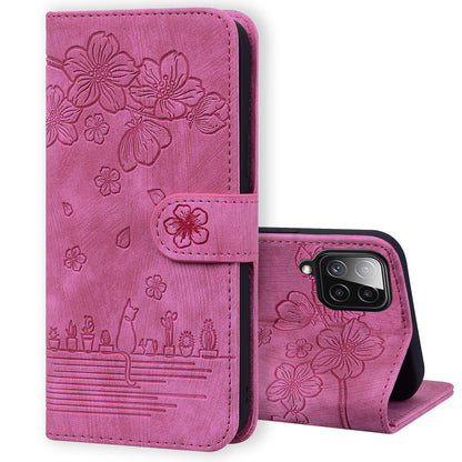 Cat Cherry Blossoms Galaxy A22 Grils Case Retro Leather Embossing Wallet Stand