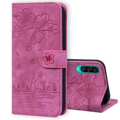 Cat Cherry Blossoms Galaxy A50 Grils Case Retro Leather Embossing Wallet Stand