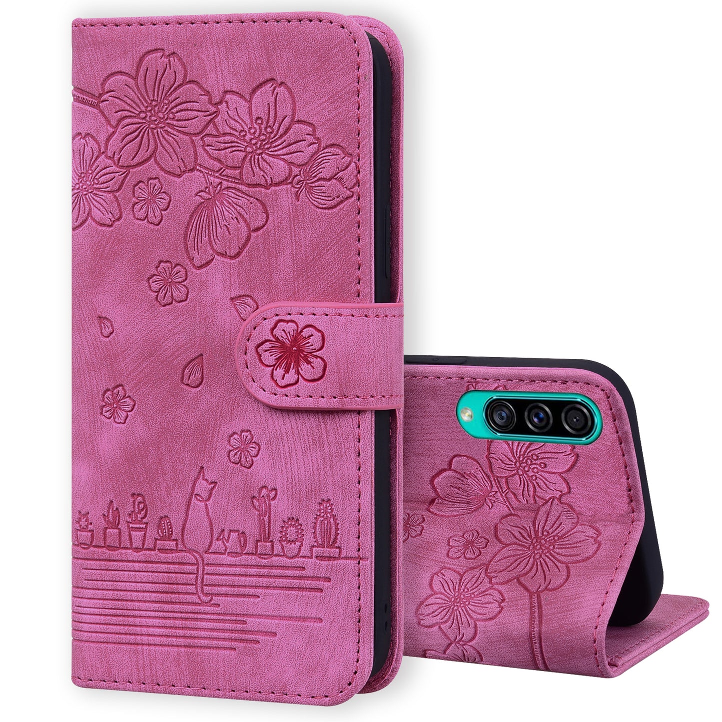 Cat Cherry Blossoms Galaxy A50s Grils Case Retro Leather Embossing Wallet Stand