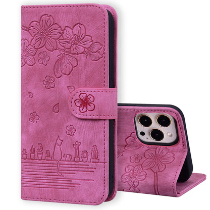 Cat Cherry Blossoms iPhone 12 Pro Grils Case Retro Leather Embossing Wallet Stand