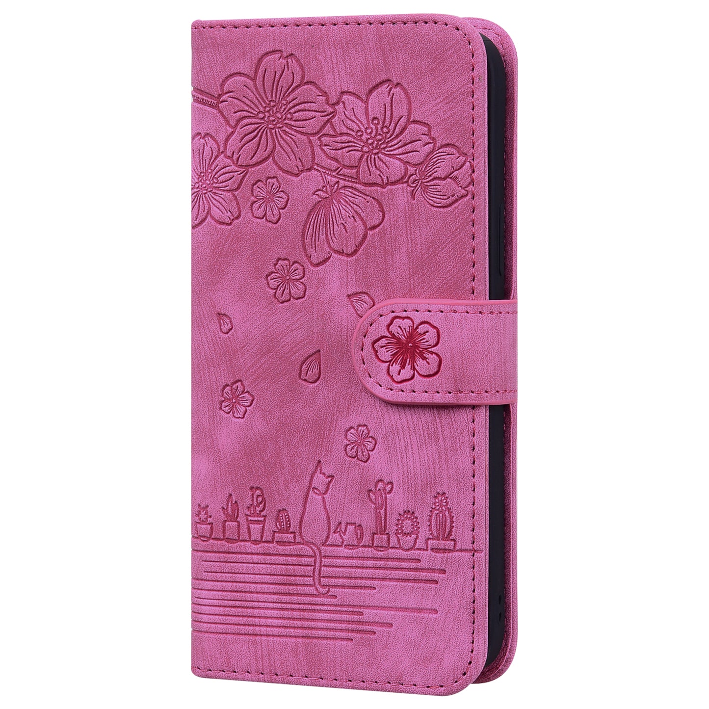 Cat Cherry Blossoms iPhone Xs Max Grils Case Retro Leather Embossing Wallet Stand