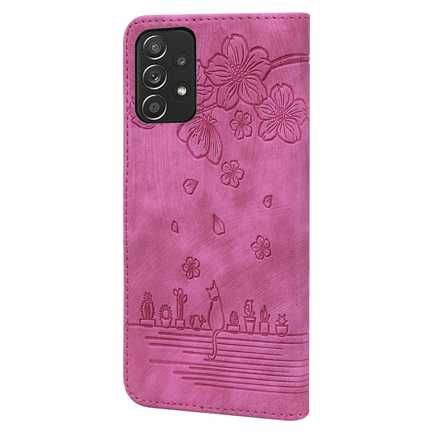 Cat Cherry Blossoms Galaxy A52s Grils Case Retro Leather Embossing Wallet Stand