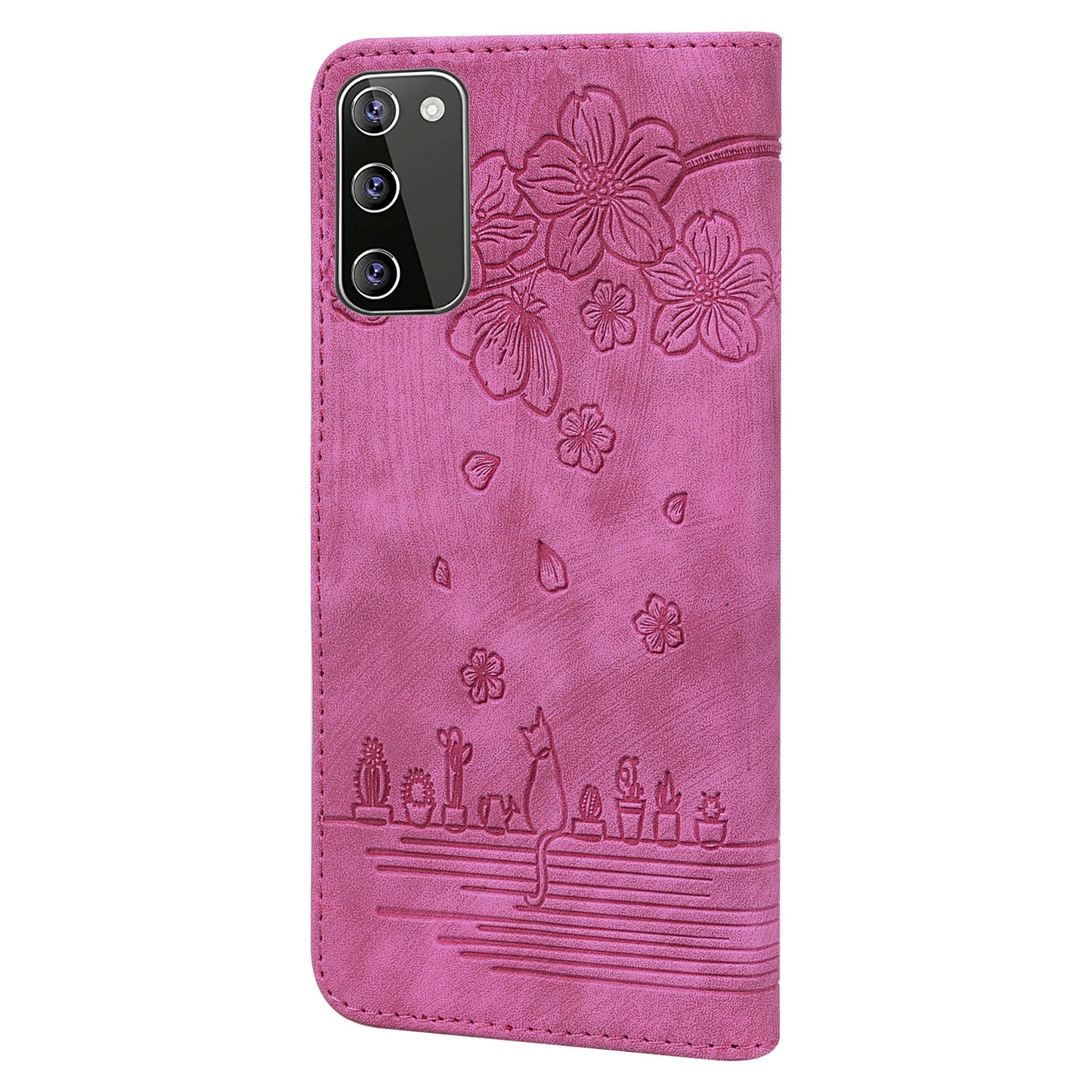 Cat Cherry Blossoms Galaxy S20 Grils Case Retro Leather Embossing Wallet Stand