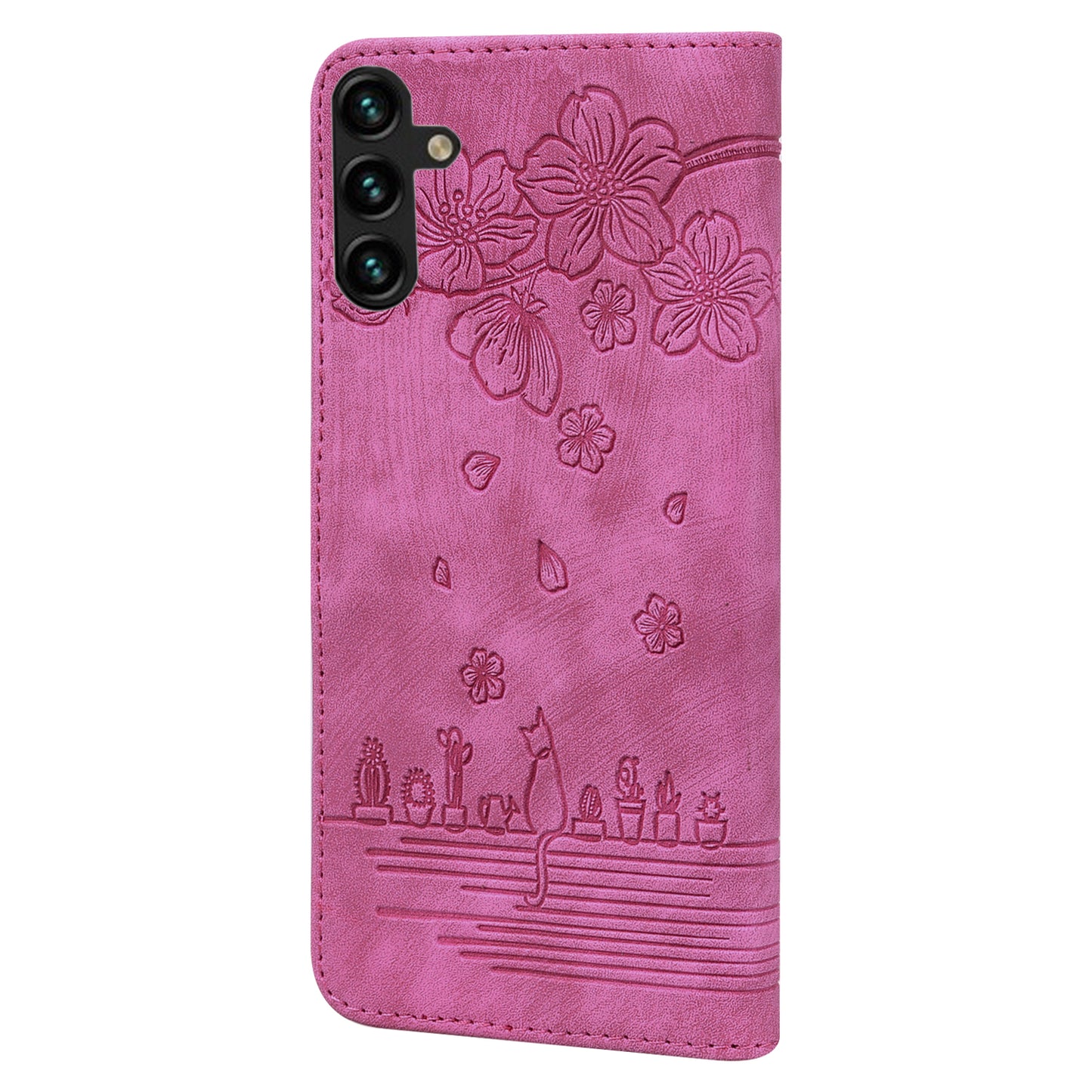 Cat Cherry Blossoms Galaxy A14 Grils Case Retro Leather Embossing Wallet Stand