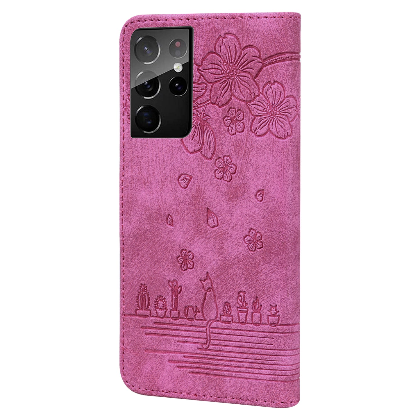 Cat Cherry Blossoms Galaxy S21 Ultra Grils Case Retro Leather Embossing Wallet Stand