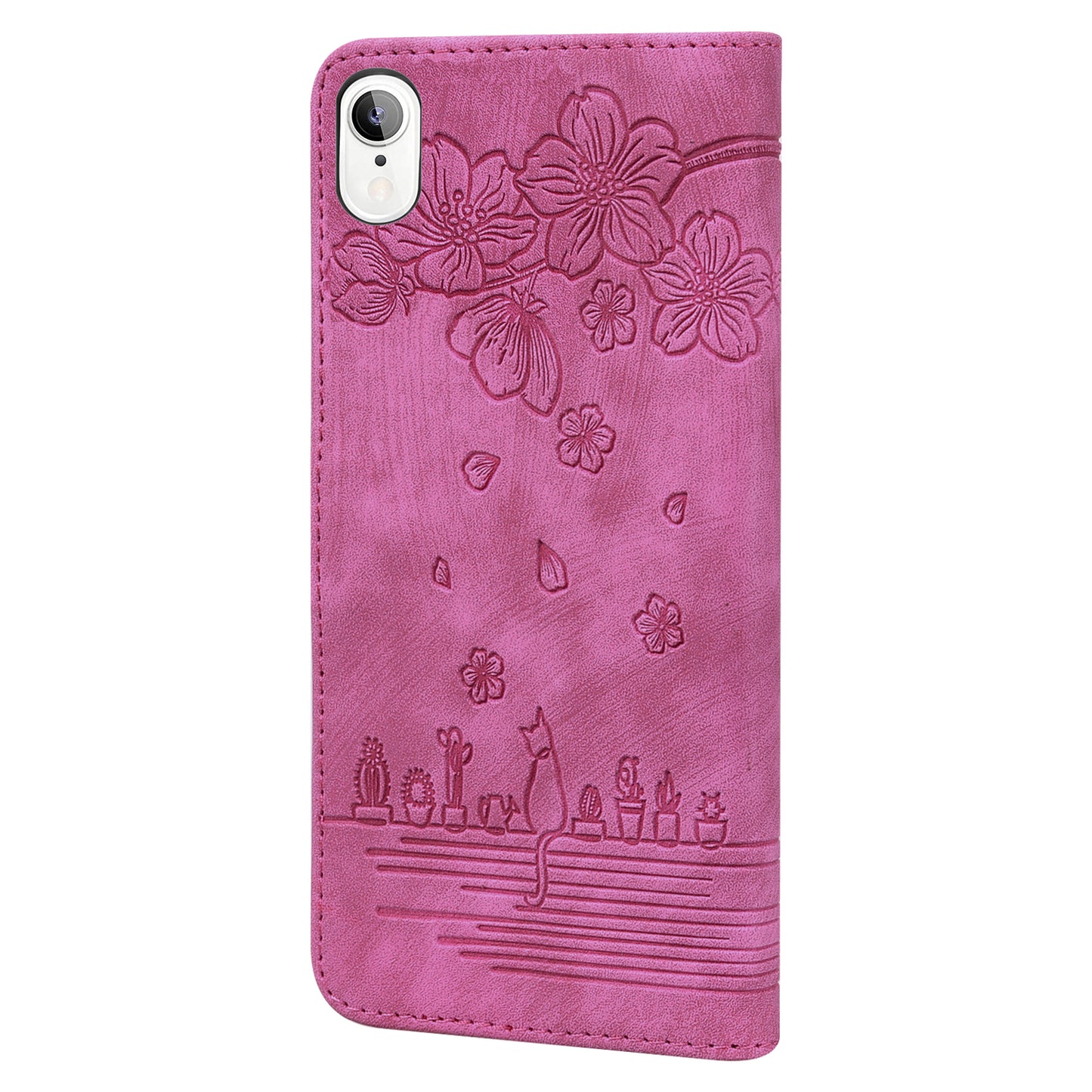 Cat Cherry Blossoms iPhone XR Grils Case Retro Leather Embossing Wallet Stand