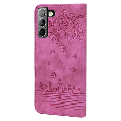 Cat Cherry Blossoms Galaxy S22+ Grils Case Retro Leather Embossing Wallet Stand