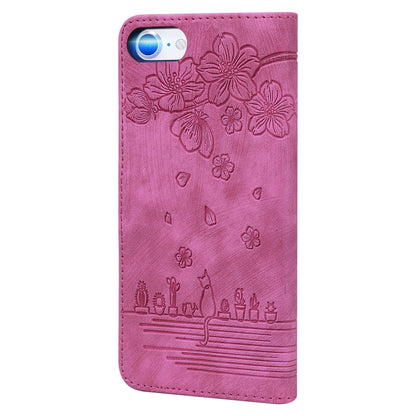 Cat Cherry Blossoms iPhone 8 Grils Case Retro Leather Embossing Wallet Stand