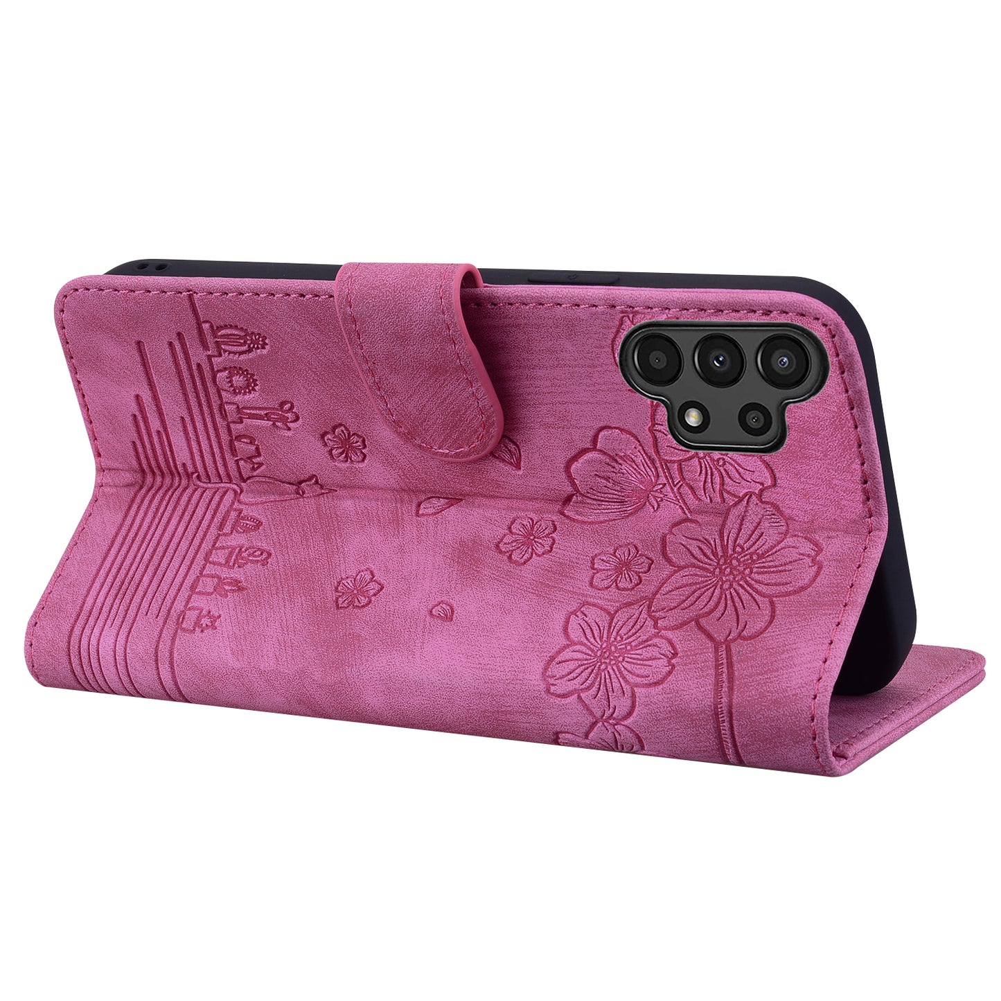 Cat Cherry Blossoms Galaxy A04 Grils Case Retro Leather Embossing Wallet Stand