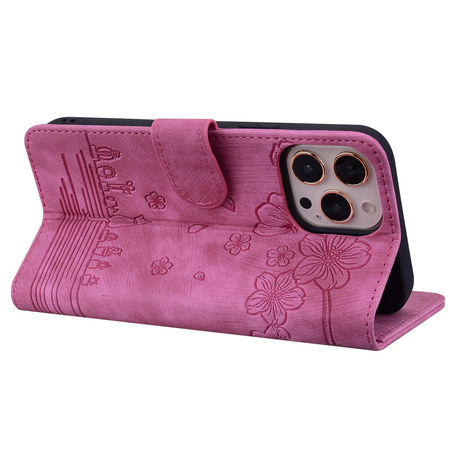 Cat Cherry Blossoms iPhone 12 Pro Grils Case Retro Leather Embossing Wallet Stand