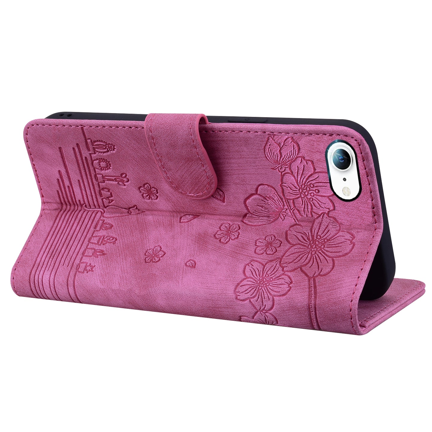 Cat Cherry Blossoms iPhone 8 Grils Case Retro Leather Embossing Wallet Stand