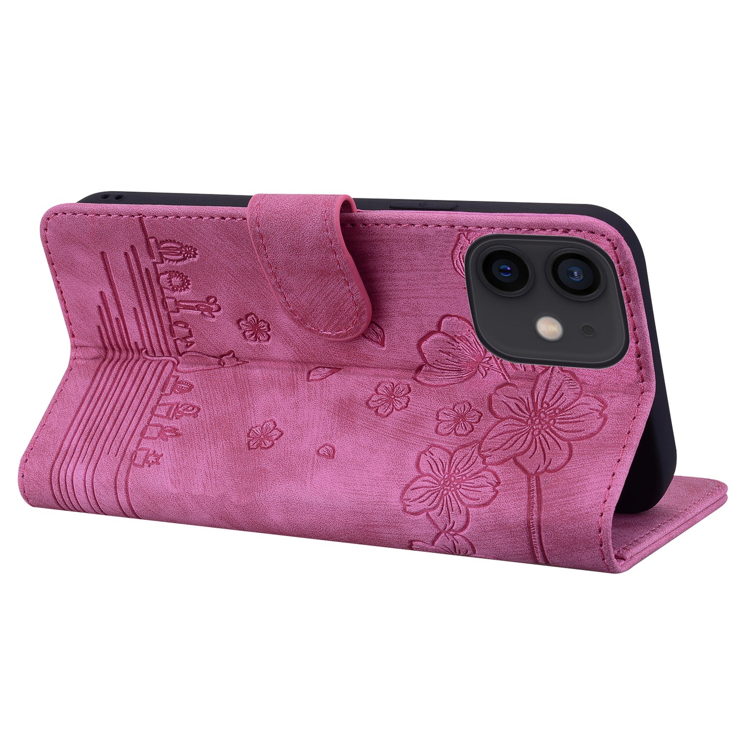 Cat Cherry Blossoms iPhone 11 Pro Grils Case Retro Leather Embossing Wallet Stand