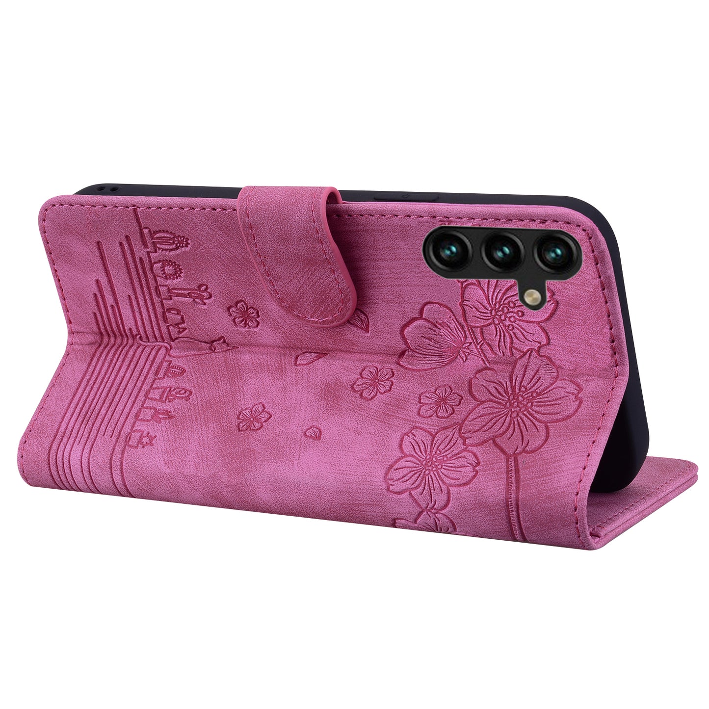 Cat Cherry Blossoms Galaxy A14 Grils Case Retro Leather Embossing Wallet Stand