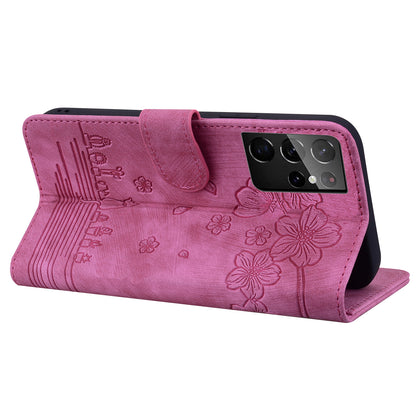 Cat Cherry Blossoms Galaxy S21 Ultra Grils Case Retro Leather Embossing Wallet Stand