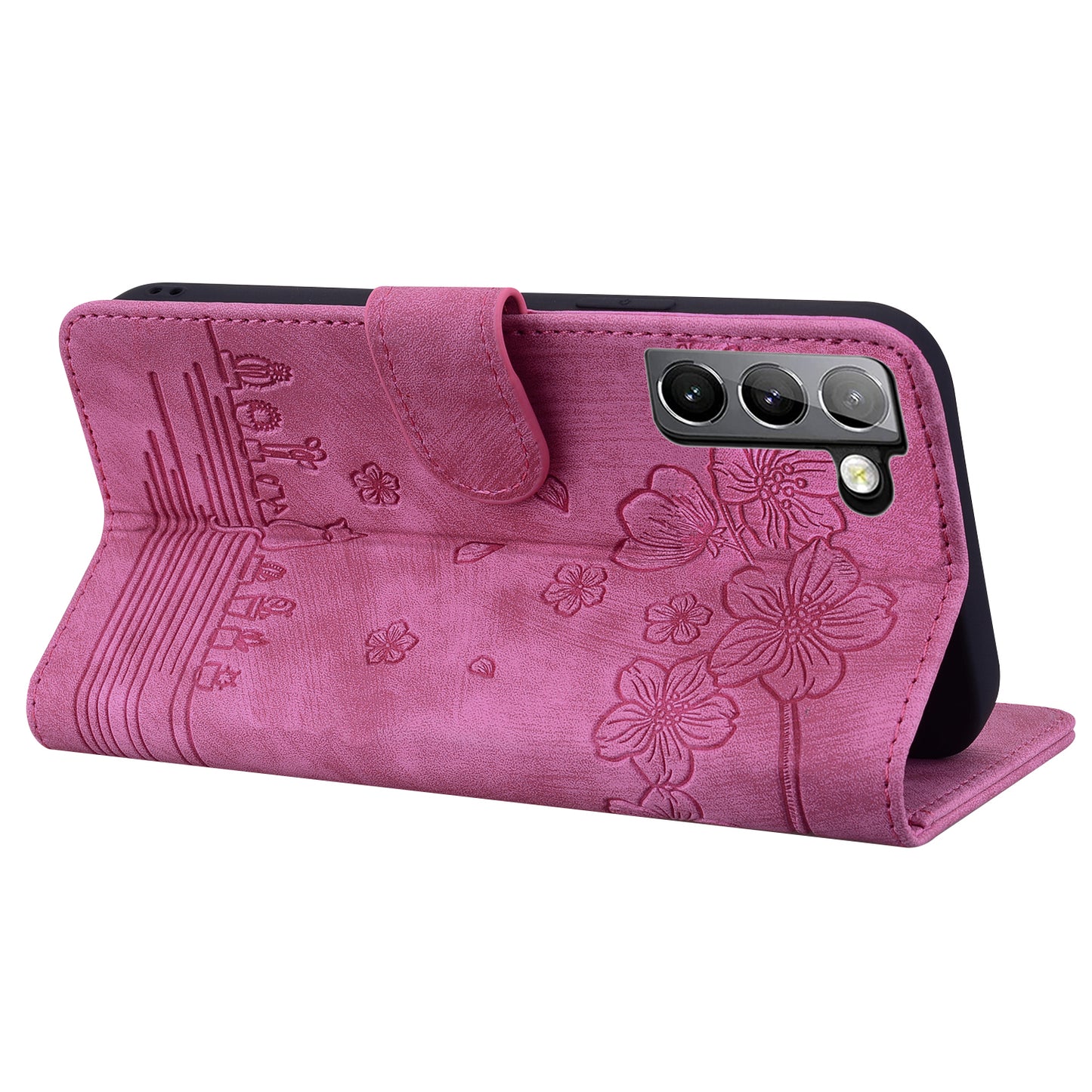 Cat Cherry Blossoms Galaxy S22+ Grils Case Retro Leather Embossing Wallet Stand