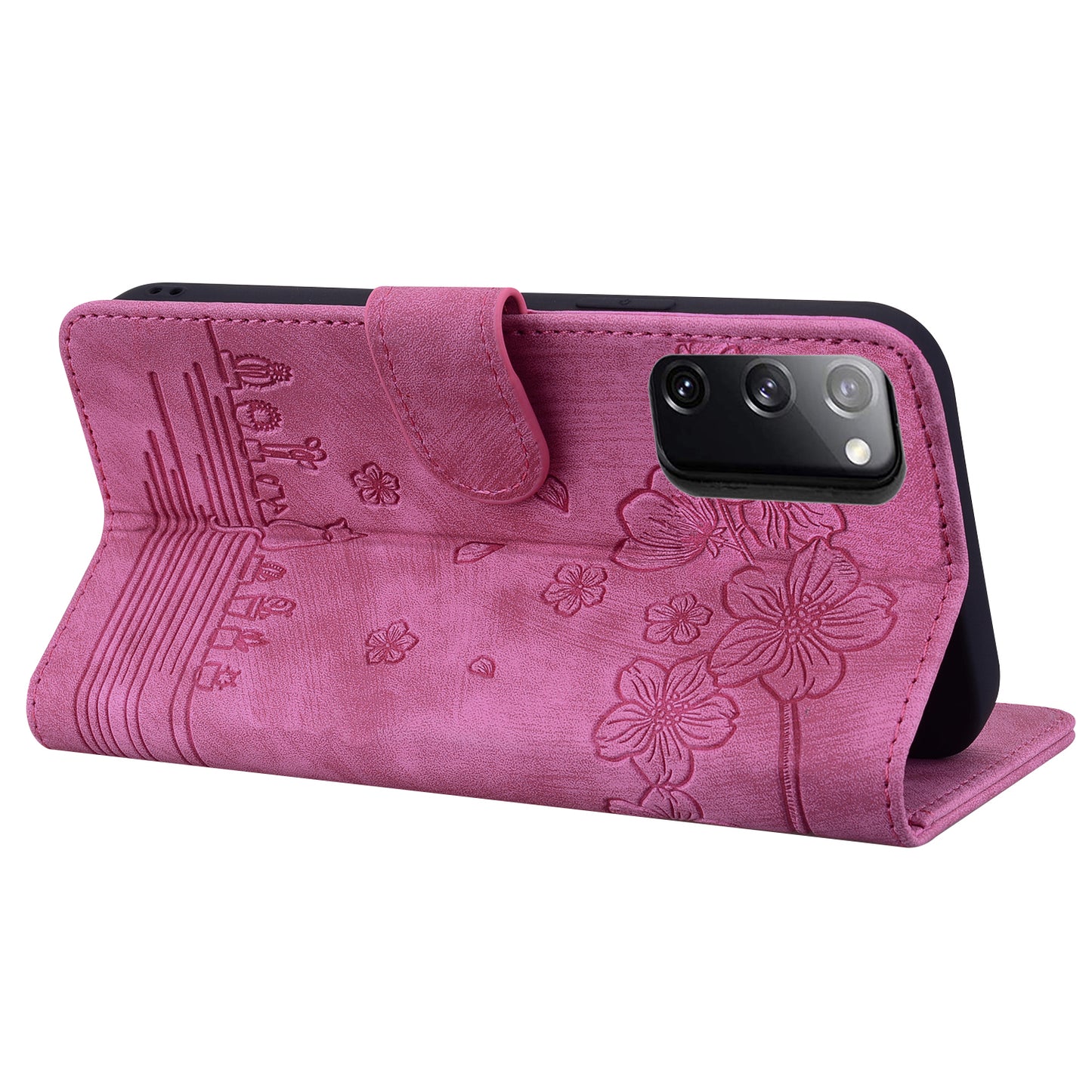 Cat Cherry Blossoms Galaxy S20 Grils Case Retro Leather Embossing Wallet Stand