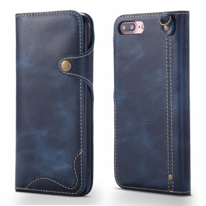 Waxed Cowhide Leather iPhone 8 Plus Fastener Case Wallet Stand with Hand Strap