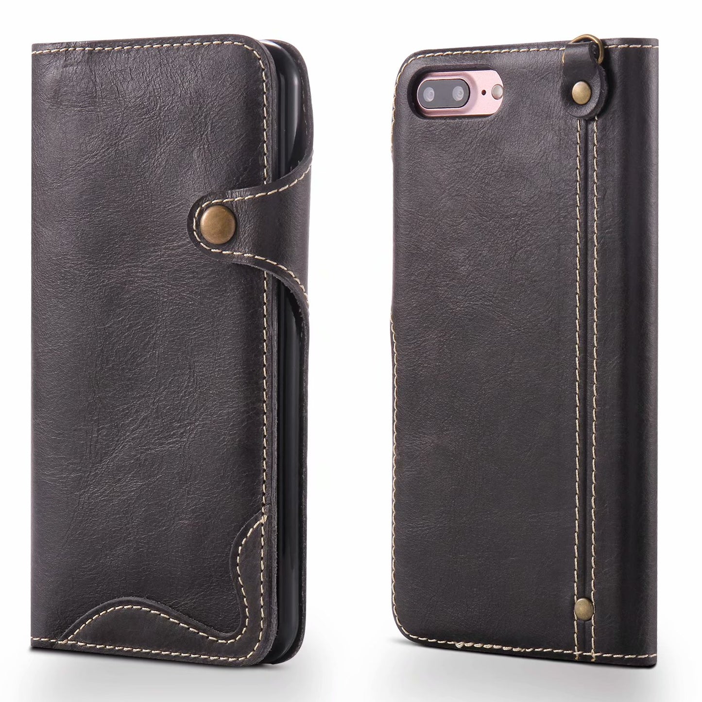 Waxed Cowhide Leather iPhone 8 Plus Fastener Case Wallet Stand with Hand Strap