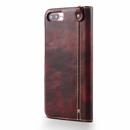 Waxed Cowhide Leather iPhone 8 Plus Fastener Case Wallet Stand with Hand Strap