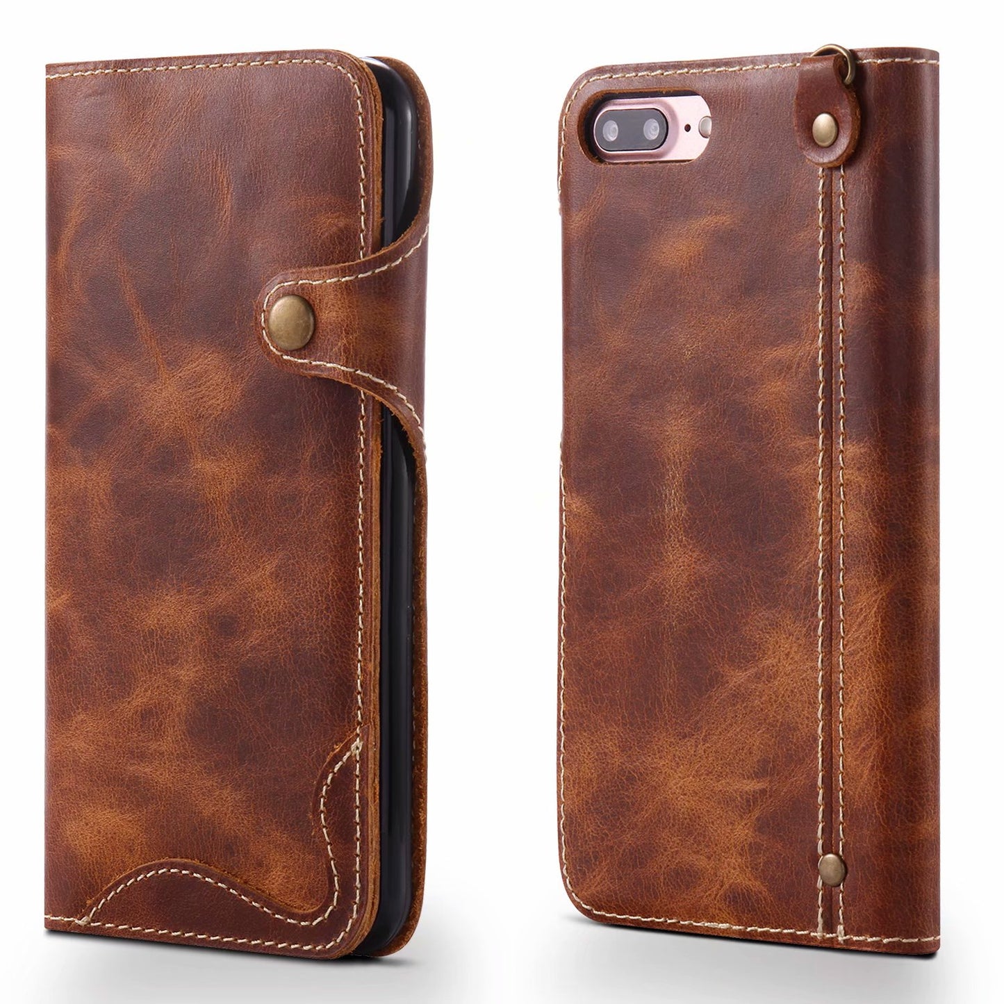 Waxed Cowhide Leather iPhone 8 Plus Fastener Case Wallet Stand with Hand Strap