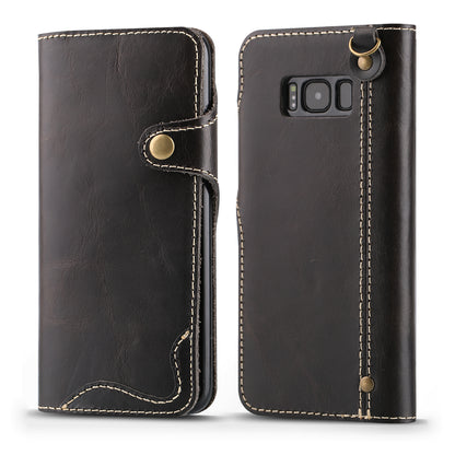 Waxed Cowhide Leather Galaxy S8+ Fastener Case Wallet Stand with Hand Strap