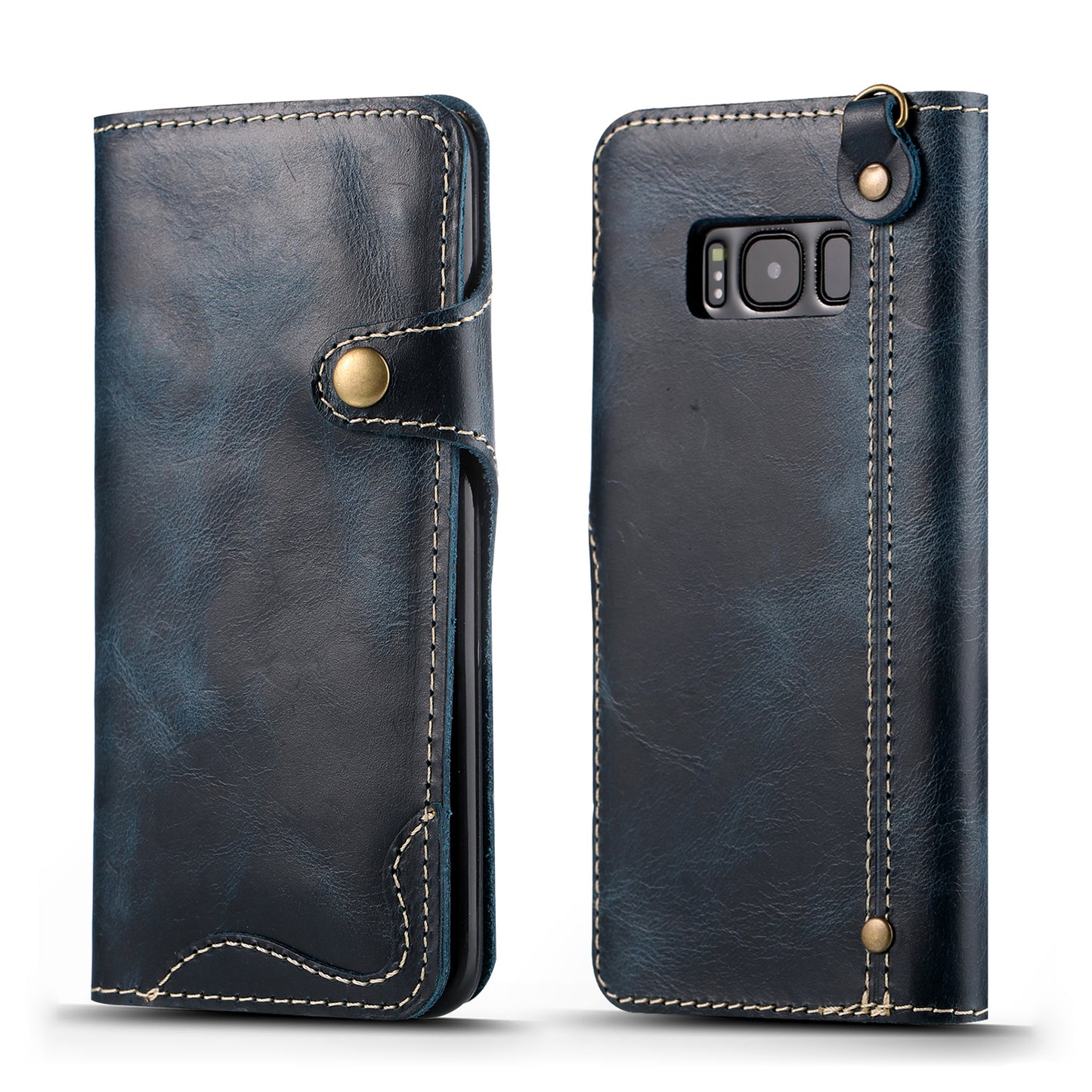 Waxed Cowhide Leather Galaxy S8+ Fastener Case Wallet Stand with Hand Strap