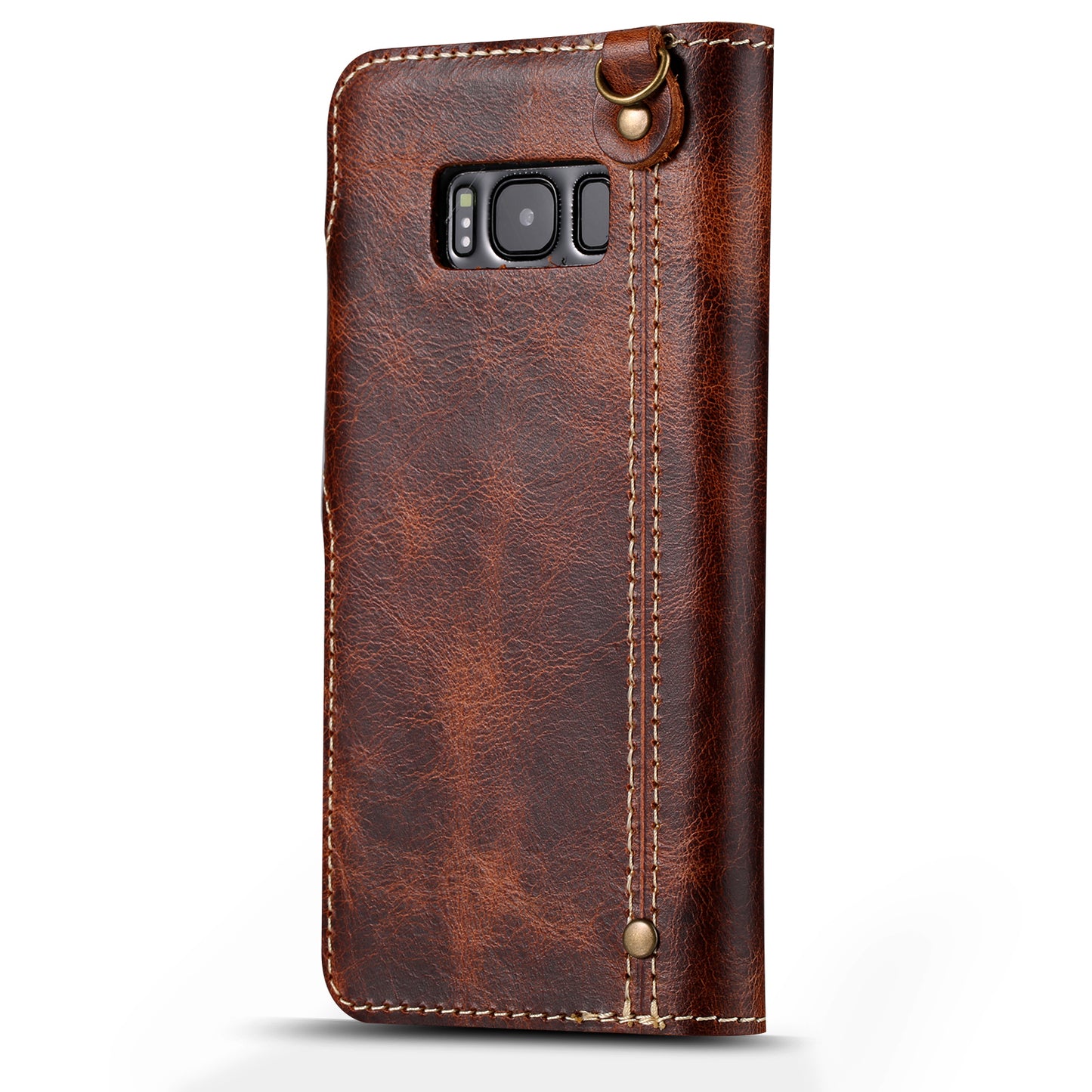 Waxed Cowhide Leather Galaxy S8+ Fastener Case Wallet Stand with Hand Strap