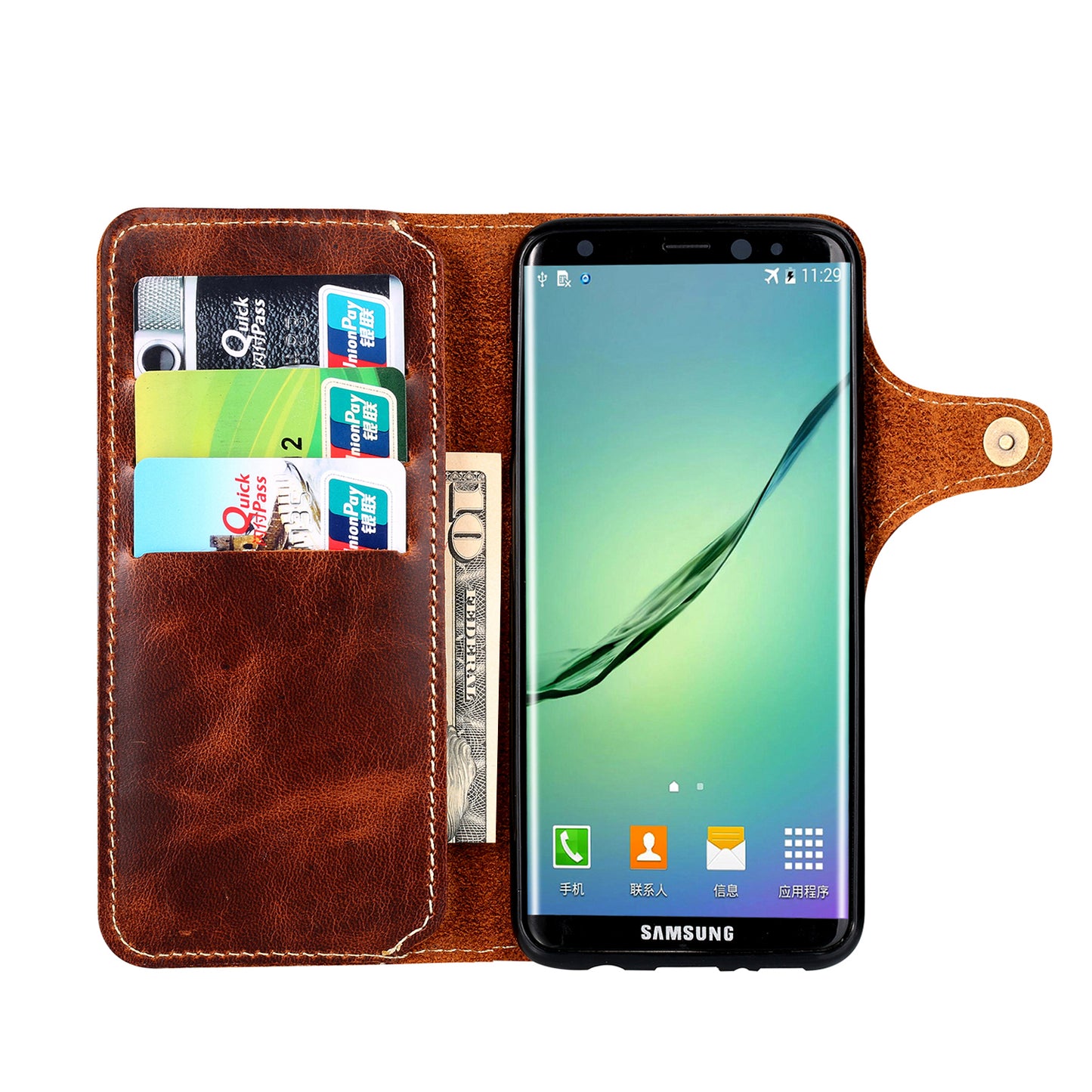 Waxed Cowhide Leather Galaxy S8+ Fastener Case Wallet Stand with Hand Strap