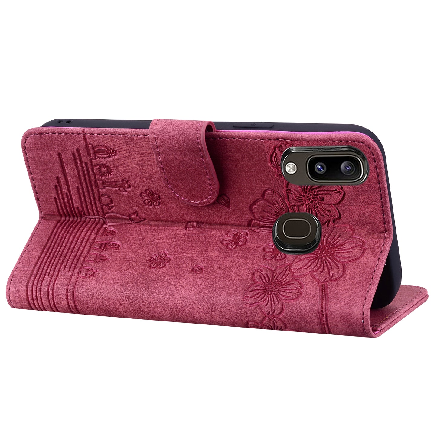 Cat Cherry Blossoms Galaxy A30 Grils Case Retro Leather Embossing Wallet Stand