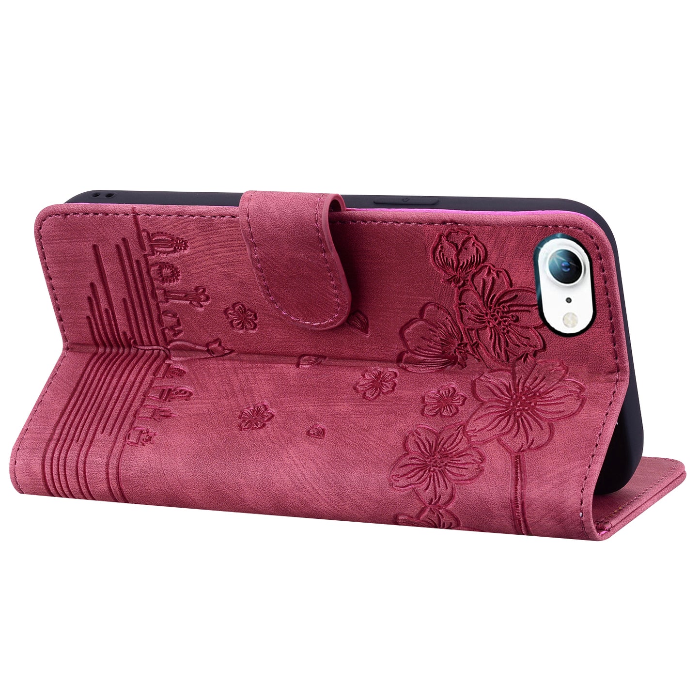 Cat Cherry Blossoms iPhone SE (2020) Grils Case Retro Leather Embossing Wallet Stand