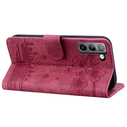 Cat Cherry Blossoms Galaxy S21 Grils Case Retro Leather Embossing Wallet Stand